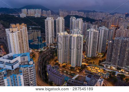 Kowloon Bay, Hong Kong, 16 February 2019:  Top down view of Hong Kong Kowloon side at night