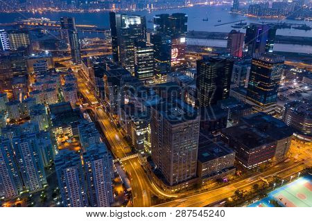 Kowloon Bay, Hong Kong, 16 February 2019:  Top down view of Hong Kong Kowloon side at night