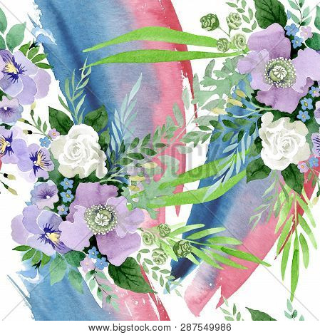 Violet Bouquet Floral Botanical Flowers. Watercolor Background Illustration Set. Seamless Background