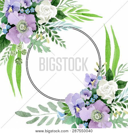 Violet Bouquet Floral Botanical Flowers. Watercolor Background Illustration Set. Frame Border Orname