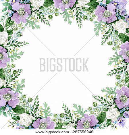 Violet Bouquet Floral Botanical Flowers. Watercolor Background Illustration Set. Frame Border Orname