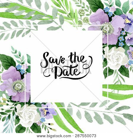 Violet Bouquet Floral Botanical Flowers. Watercolor Background Illustration Set. Frame Border Orname