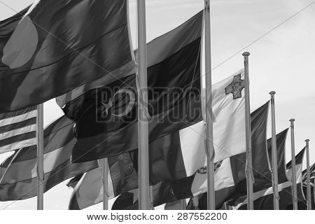 World Flags In The Wind - Black And White Photograph