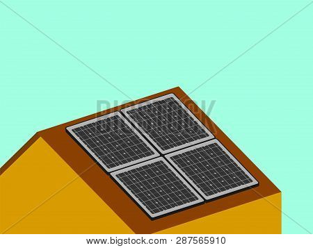 Solar Panels On The Roof Of The House In Flat Style