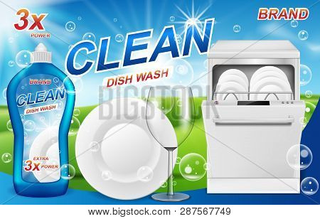 Dish Wash Soap Ads. Realistic Plastic Dishwashing Packaging With Detergent Gel Design. Liquid Soap W