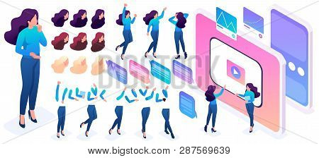 Isometric Constructor To Create A Character, Woman. Set 4 Poses And Gestures Hands, Feet, Hair, For 