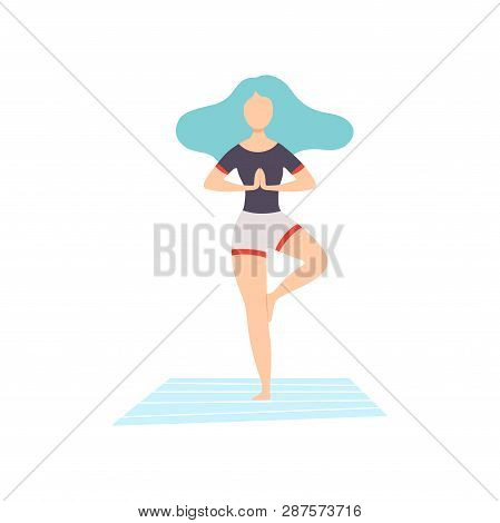 Girl In Tree Pose, Young Woman Practicing Yoga, Physical Workout Training Vector Illustration