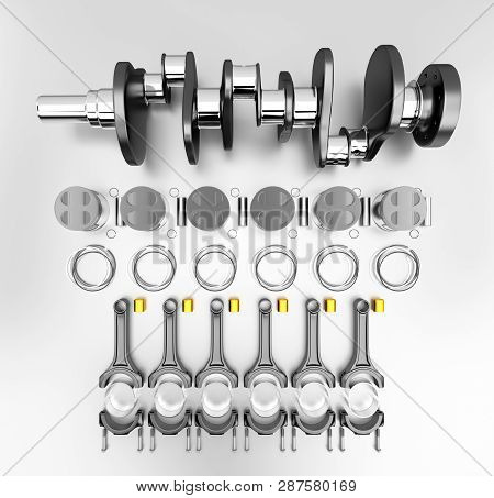 3d Rendering. Crankshaft For 6v Cylinders Engine. Truck Crankshaft On Grey Background. Engine Bearin