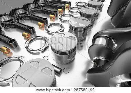 3d Rendering. Crankshaft For 6v Cylinders Engine. Truck Crankshaft On Grey Background. Engine Bearin