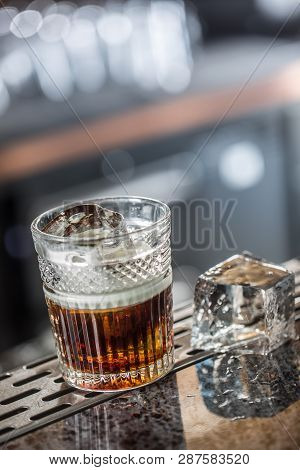 White Russian Cocktail Drink At Barcounter In Night Club Or Restaurant.