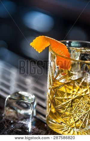 Cocktail Drink Old Fashioned At Barcounter In Night Club Or Restaurant.