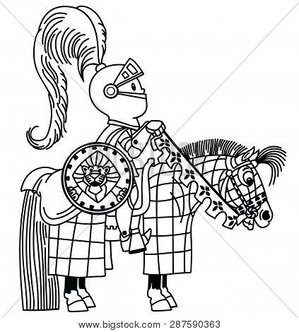 Cartoon Medieval Knight Horseman In Armor .  Little Boy A Horse Rider Sitting On His Pony Horseback 