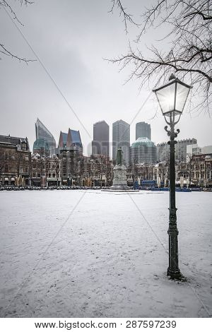 Snow On The Central Place, Spui In Dutch, Usually Crowded With People Getting Diner And Drink During