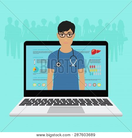 Online Doctor Consultation Technology In Laptop. Medical Doctor In Suit With Stethoscope Close Up. V