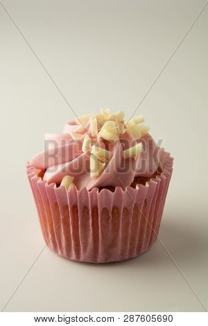 Closeup Pink, Strawbery, Cupcakes Isoalted. Sweet Dessert, Shortcakes With Cream. Birthday Food, Cak