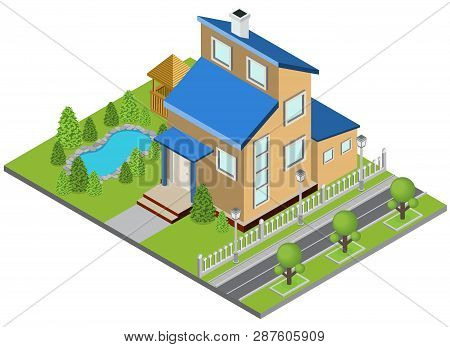 Suburbia Building Concept With Town House Swimming Pool Isometric Vector Illustration