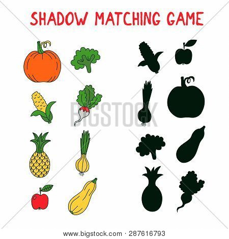 Shadow Matching Game With Fruits And Vegetbles Colorful Vector Illustration