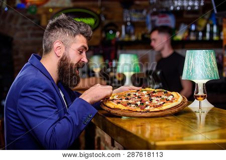 Enjoy Your Meal. Cheat Meal Concept. Hipster Hungry Eat Italian Pizza. Pizza Favorite Restaurant Foo