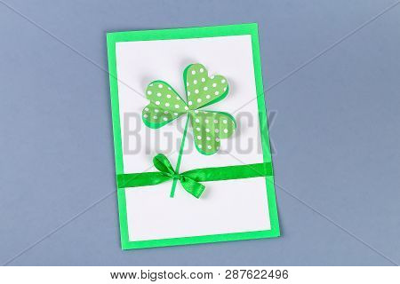 Diy St. Patricks Day Greeting Card Made Of Cardboard And Paper Clovers On A Gray Background. Gift Id