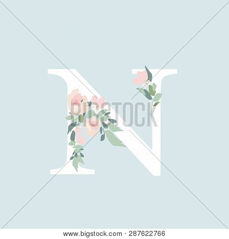 Floral Alphabet - Letter N With Flowers Bouquet Composition. Unique Collection For Wedding Invites D