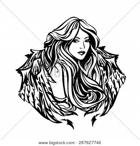 Beautiful Angel Woman With Long Gorgeous Hair And Wings - Art Nouveau Style Celestial Girl Black And