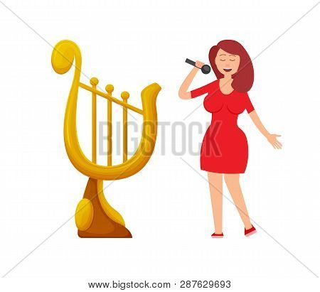 Music Award In Form Of Harp Vector, Lady Singer Singing Isolated Cartoon Character. Woman In Red Dre