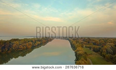 River Danube aerial view near Rajka and Cunovo, part of the waterways made for the Gabcikovo Nagymaros dams