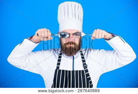 Chef Serious Strict Face Hold Spoon And Fork. Cooking Process Concept. Lets Try Dish. Hungry Chef Re