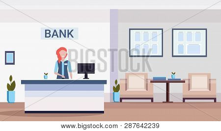 Female Specialist At Reception Counter Financial Consulting Center With Waiting Room And Reception M