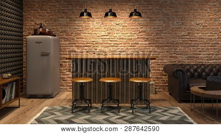 Interior of modern man living room with bar 3D rendering