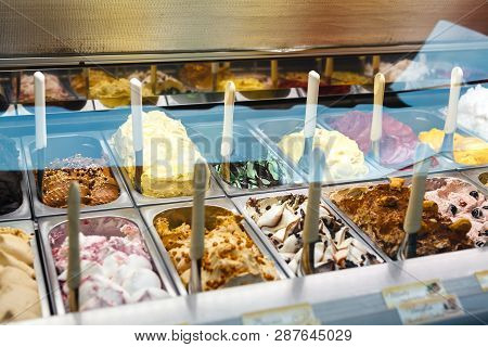 Classic Italian Gourmet Gelato Gelatto Ice Cream Display In Shop
