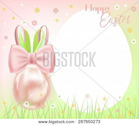 Easter White Egg With Bunny Bow On The Meadow And Egg-form Blanc. Template For Warm Greeting