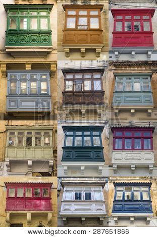 Set Of Traditional Balcony Window On A Building From Malta