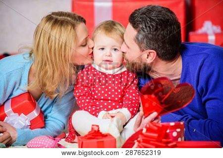 Valentines Day. Made To Love Each Other. Happy Family With Present Box. Father, Mother And Doughter 