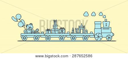 Funny Vector Illustration With Train Carries Toys: Baby Toy Musical Maracas, Designer, Bear, Gifts, 