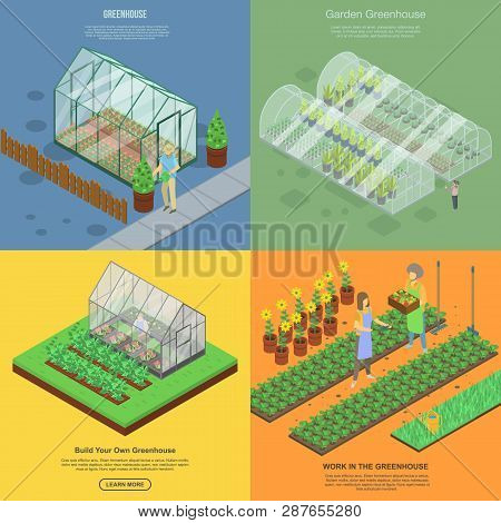 Greenhouse Banner Set. Isometric Set Of Greenhouse Vector Banner For Web Design