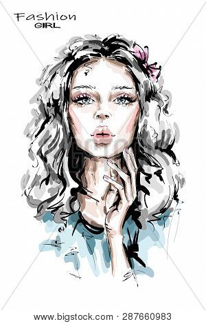 Hand Drawn Beautiful Young Woman With Long Blonde Hair. Stylish Girl. Fashion Woman Look. Beautiful 