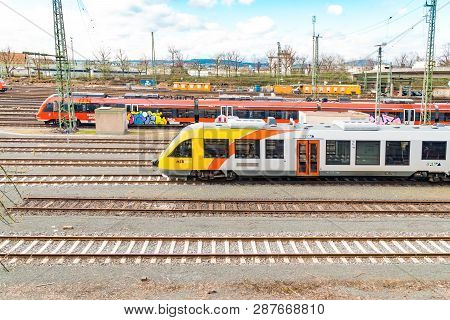 Giessen, Germany - April 05, 2018: View Of The Railway Station With A Lot Of Tracks And Railway.