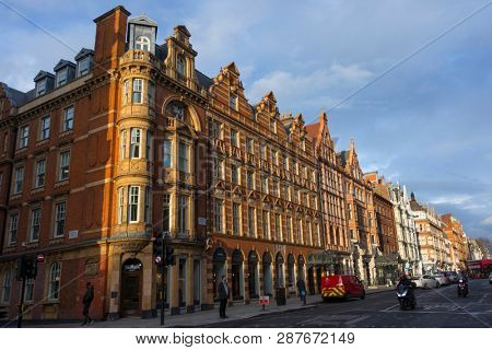 London, England - February 28, 2019: Classic buildings at Wigmore Street in the westend in late sunlight  