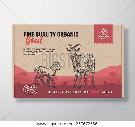 Fine Quality Organic Goat. Vector Meat Packaging Label Design On A Craft Cardboard Box Container. Mo