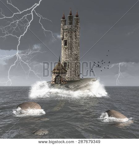 Unconquerable Tower In The Middle Of The Ocean - 3d Illustration