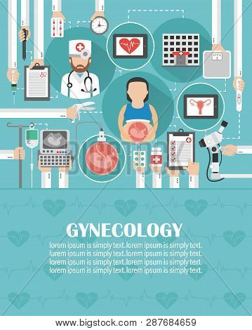 Gynecologist Medical Concept Modern Flat With Pregnant Woman.lorem Ipsum Is Simply Text.vector Illus