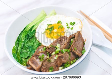 Porky Bowl Homemade Char Siu With Rice And Sunny Side Up & Siew Pak Choy