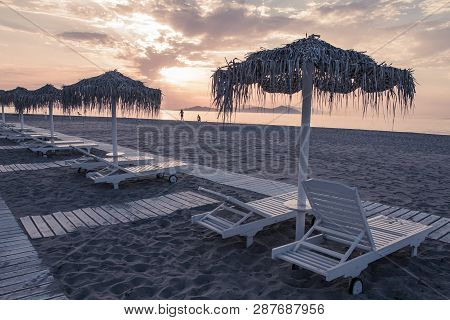 Hotel Resort Beach Sea View With Sunshades At Sunset Chillout Color Split Toning