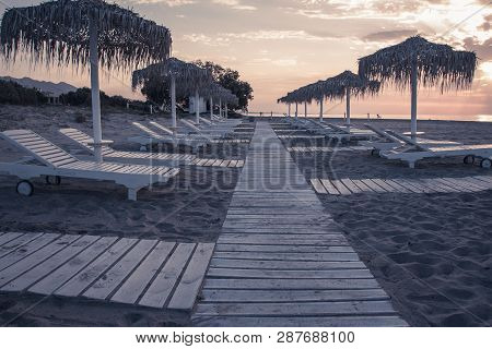 Hotel Resort Beach Sea View With Sunshades At Sunset Chillout Color Split Toning