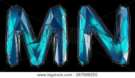 Letter set M, N made of realistic 3d render blue color. Collection of low polly style alphabet isolated on black background