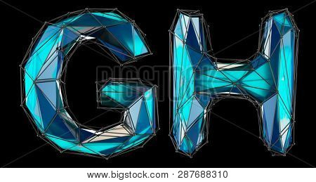 Letter set G, H made of realistic 3d render blue color. Collection of low polly style alphabet isolated on black background