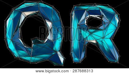 Letter set Q, R made of realistic 3d render blue color. Collection of low polly style alphabet isolated on black background