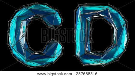 Letter set C, D made of realistic 3d render blue color. Collection of low polly style alphabet isolated on black background