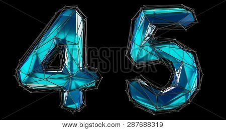 Number set 4, 5 made of realistic 3d render blue color. Collection of low polly style symbol isolated on black background